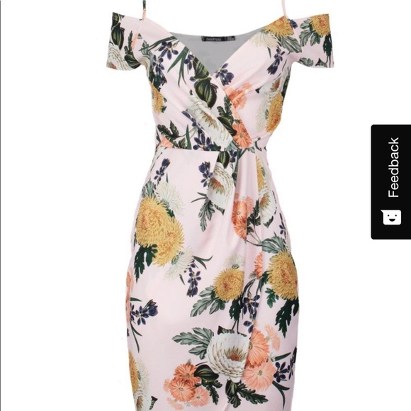 Floral cold shoulder warp midi dress. Boohoo, size 14. - Picture 4 of 5